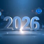 Composition professionnelle centrée sur _2026_ en grand chiffre 3D lumineux au centre, format 1200x800. Autour du chiffre _ des icônes flottantes représentant les réglementations (badge ISO, bouclier cybersécurité