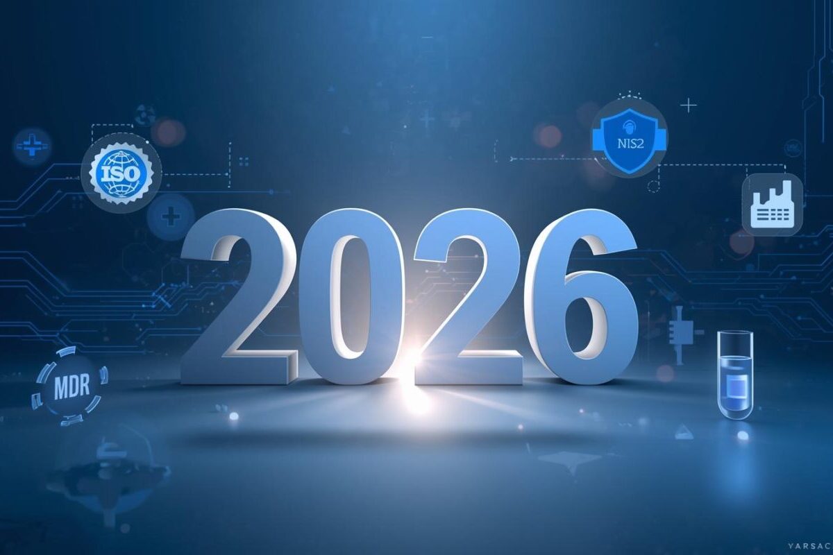 Composition professionnelle centrée sur _2026_ en grand chiffre 3D lumineux au centre, format 1200x800. Autour du chiffre _ des icônes flottantes représentant les réglementations (badge ISO, bouclier cybersécurité