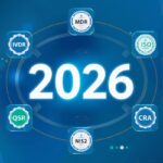 Design professionnel format 1200x800. Au centre _ _2026_ en très gros caractères 3D lumineux. Disposés en orbite autour _ sept badges rectangulaires ou hexagonaux flottants avec les textes _MDR_, _IVDR_, _ISO 13 (1)
