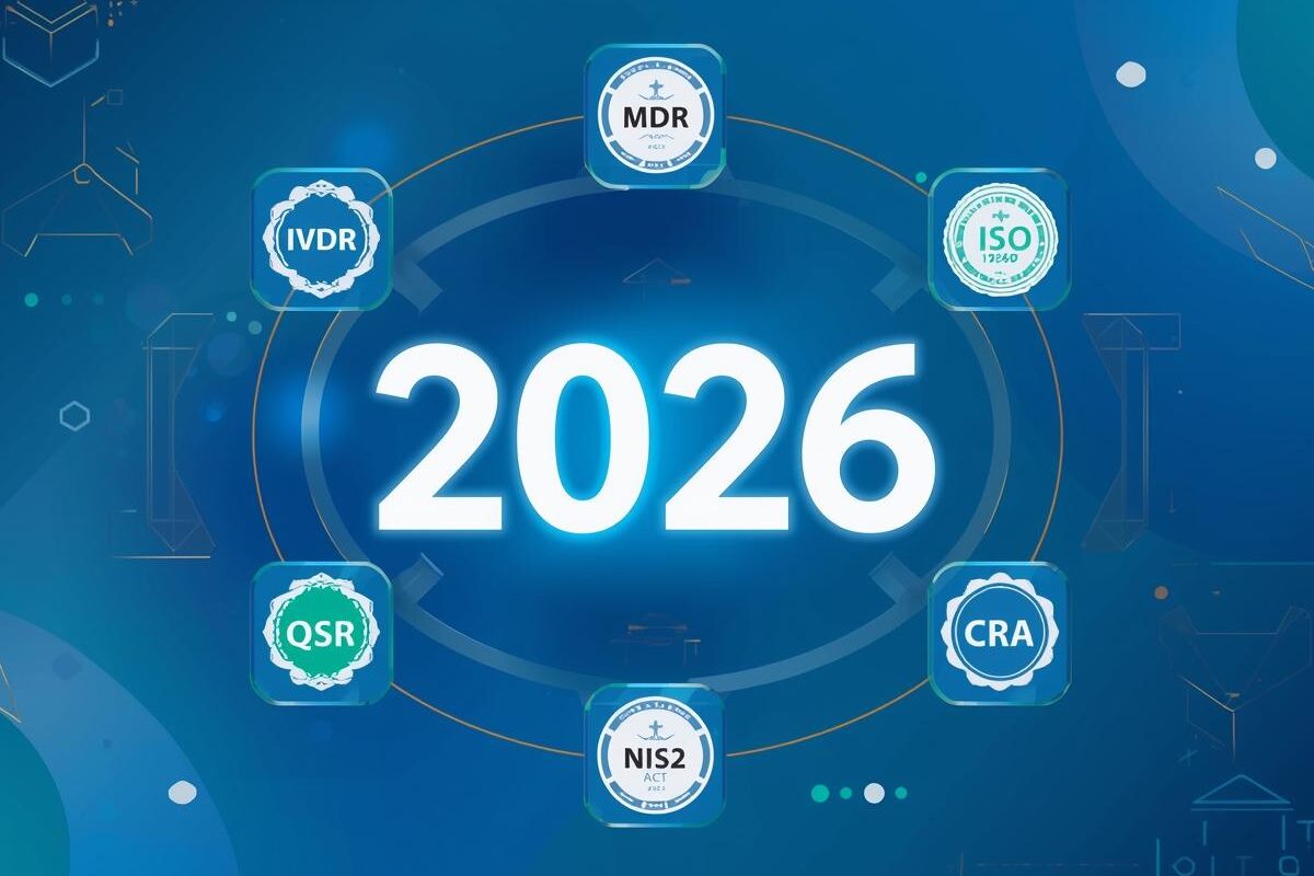 Design professionnel format 1200x800. Au centre _ _2026_ en très gros caractères 3D lumineux. Disposés en orbite autour _ sept badges rectangulaires ou hexagonaux flottants avec les textes _MDR_, _IVDR_, _ISO 13 (1)